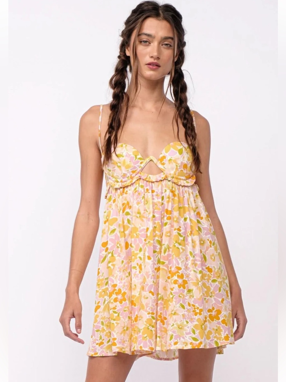 SKY TO MOON Pink & Yellow Bustier Mini Dress with Spaghetti Straps 💗💗